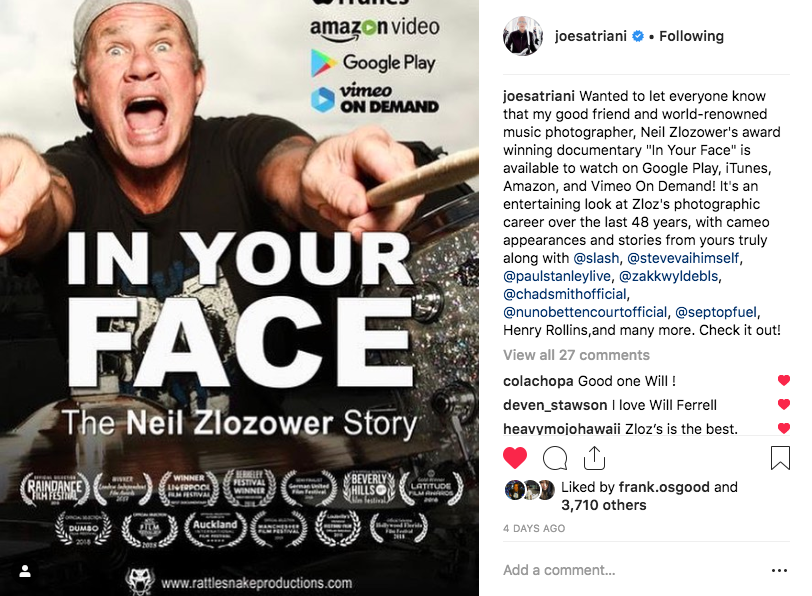 Joe Satriani Instagram post about IN YOUR FACE - The Neil Zlozower Story