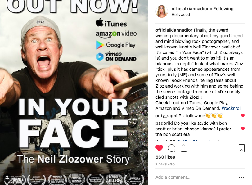 Kianna Dior Instagram post about IN YOUR FACE - The Neil Zlozower Story