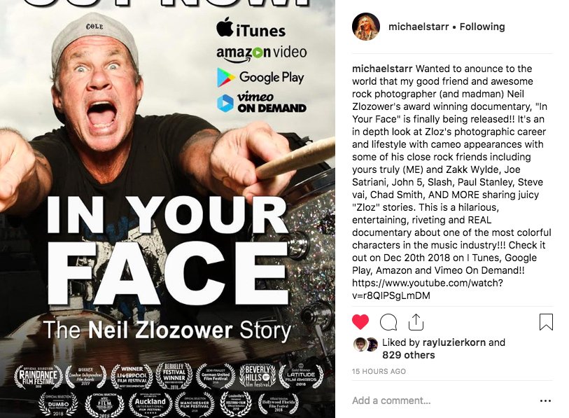 Michael Starr/STEEL PANTHER Instagram post about IN YOUR FACE - The Neil Zlozower Story