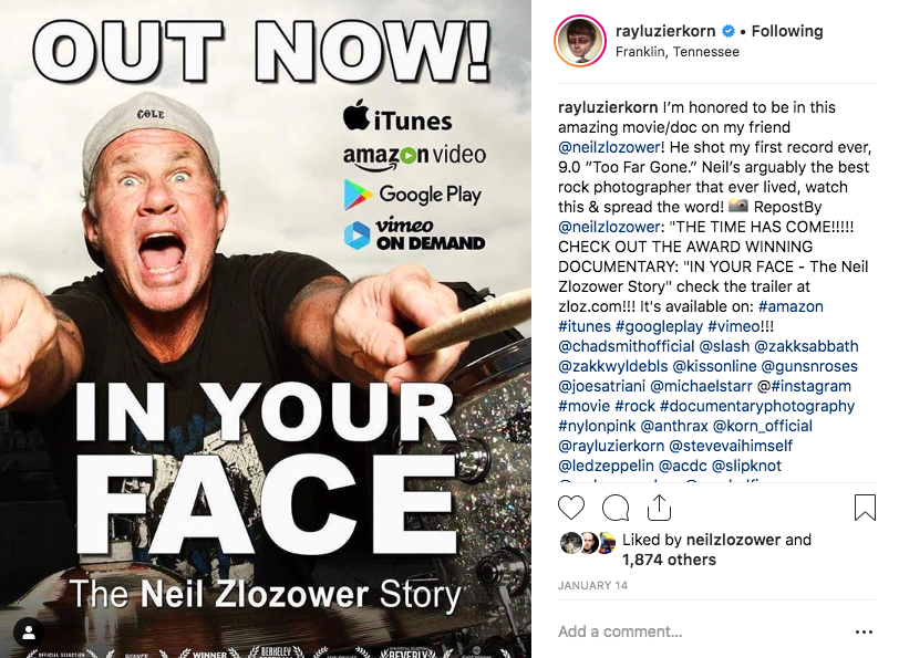 Ray Luzier/KORN Instagram post about IN YOUR FACE - The Neil Zlozower Story